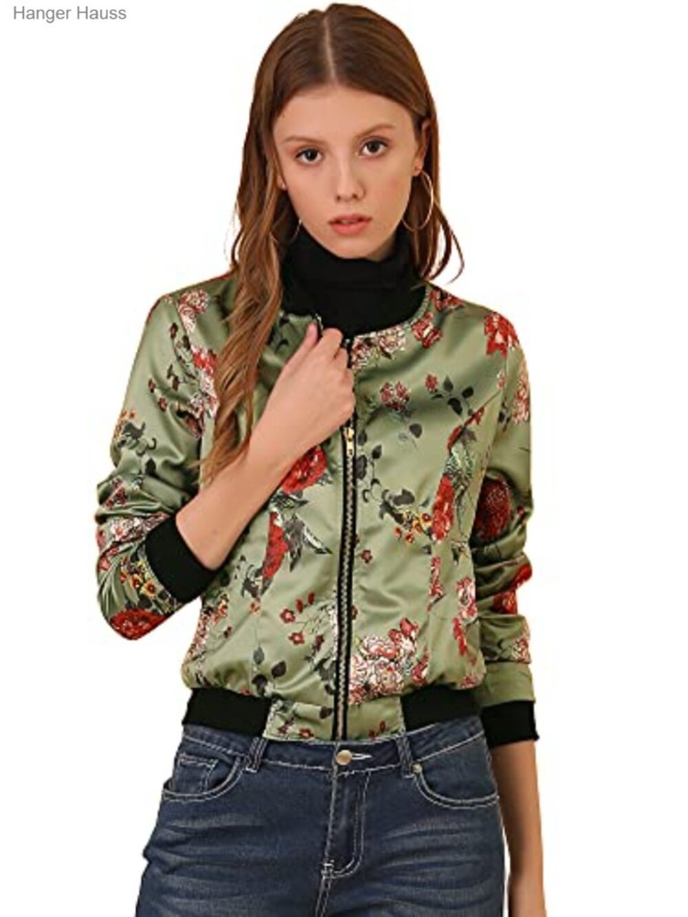 Women's Bomber Jacket Long Sleeve Floral Coat with Pockets